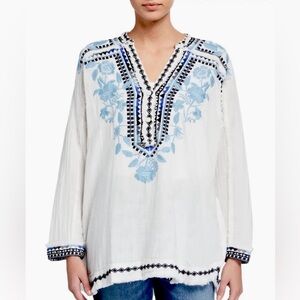 Johnny Was Vedera White Cotton Gauze Blue Floral Embroidered Blouse Top Large